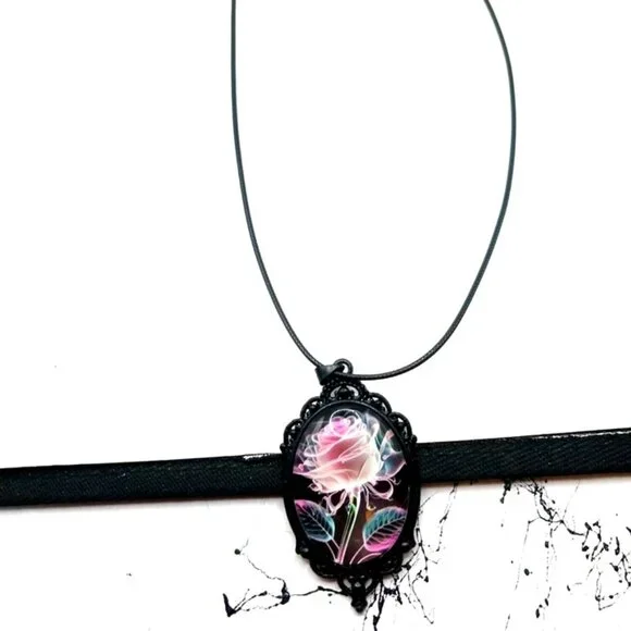 Gothic Cameo Choker Pink Rose Necklace with Chain New - Picture 2 of 10